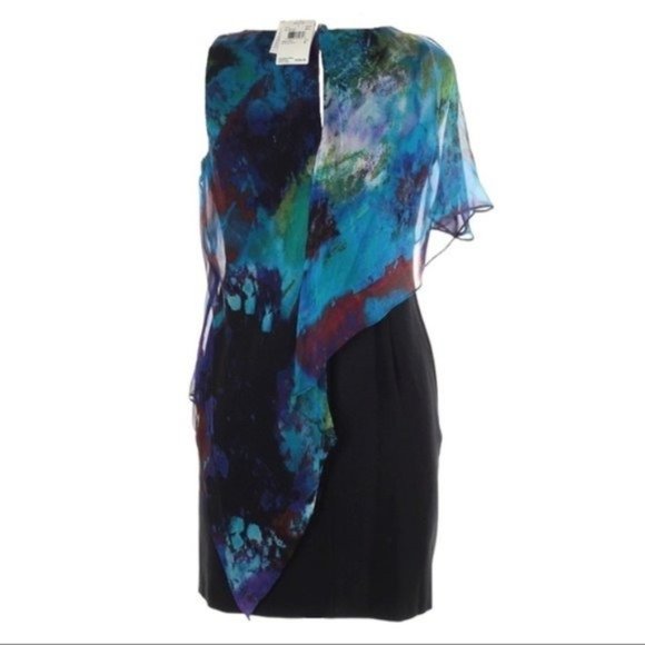 NWT Aidan by Aidan Mattox Black Draped Gown Silk Abstract Watercolor Blue Green - Picture 2 of 13